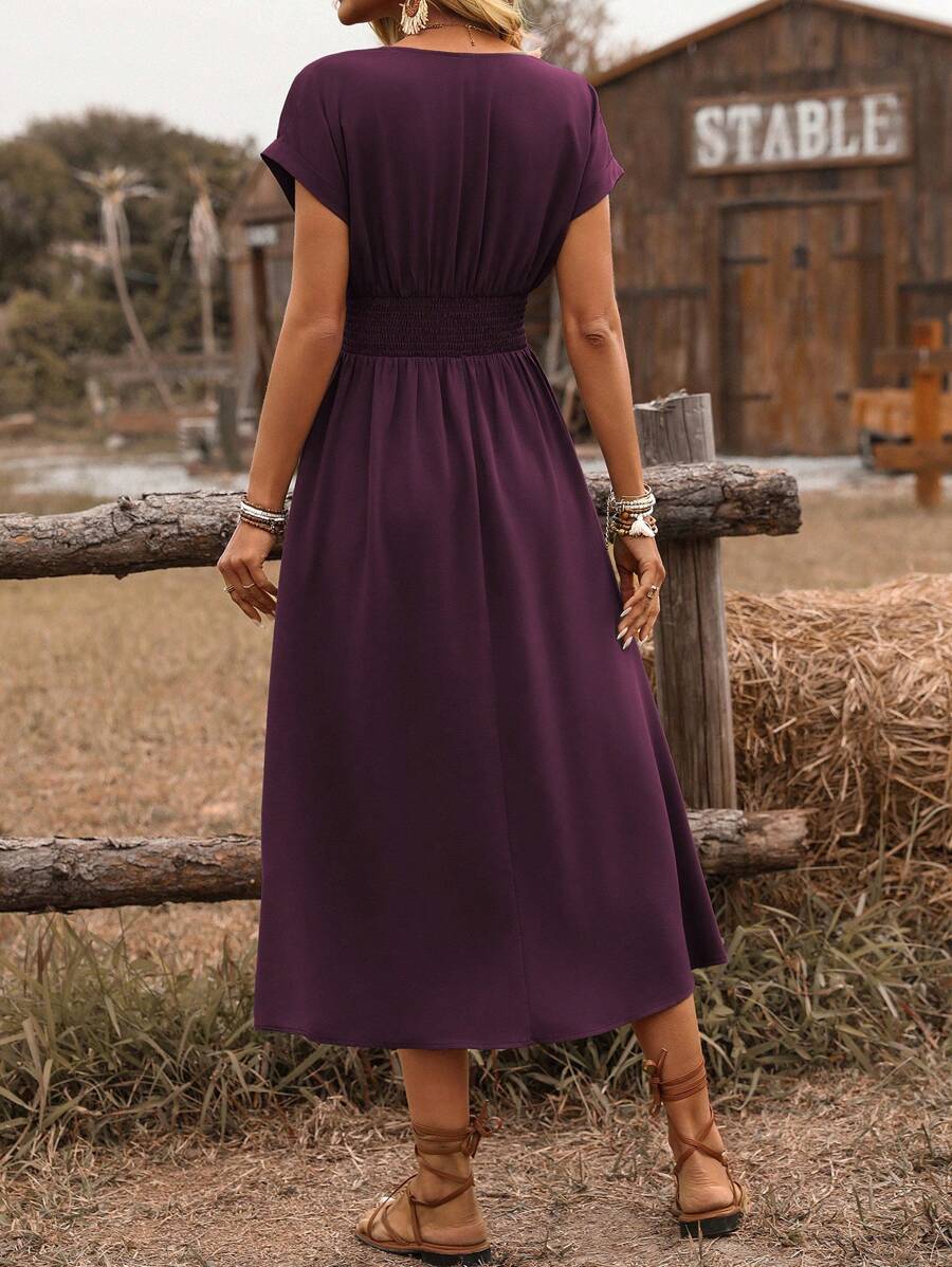 EMERY ROSE Dames lente/zomer bohemian vakantie stijl casual crossover gesmokte taille geplooide twist back ruche mouw a-lijn midi-jurk