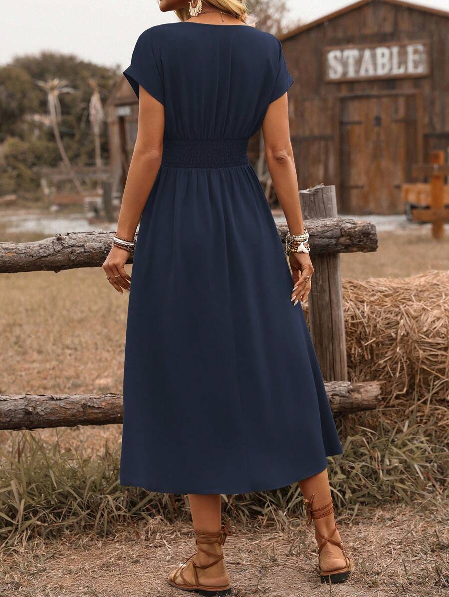 EMERY ROSE Dames lente/zomer bohemian vakantie stijl casual crossover gesmokte taille geplooide twist back ruche mouw a-lijn midi-jurk