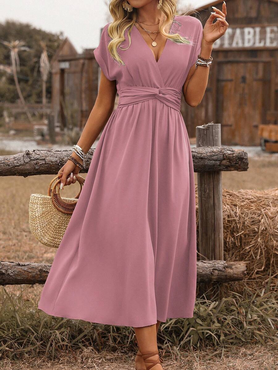 EMERY ROSE Dames lente/zomer bohemian vakantie stijl casual crossover gesmokte taille geplooide twist back ruche mouw a-lijn midi-jurk