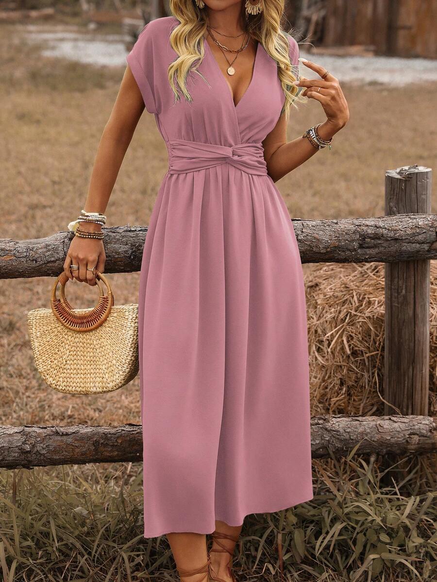 EMERY ROSE Dames lente/zomer bohemian vakantie stijl casual crossover gesmokte taille geplooide twist back ruche mouw a-lijn midi-jurk