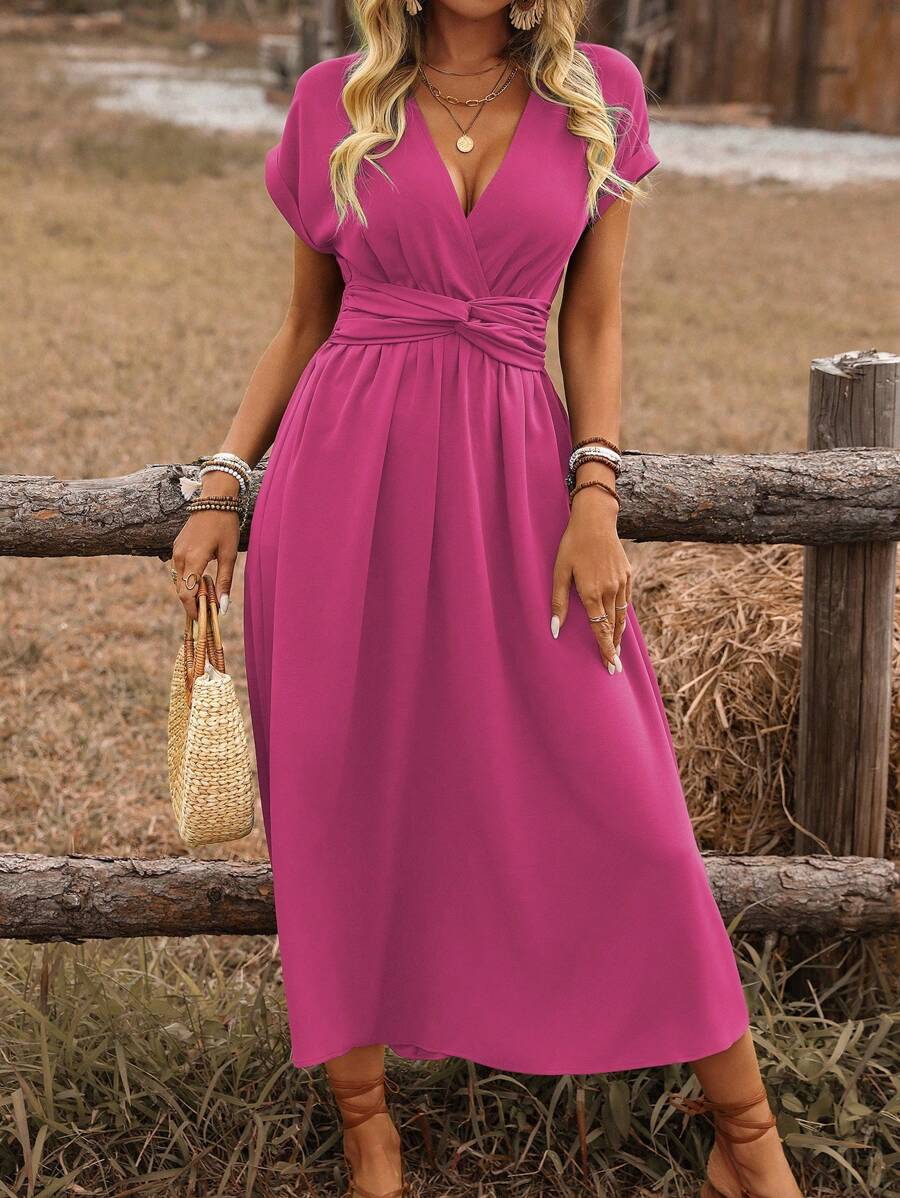 EMERY ROSE Dames lente/zomer bohemian vakantie stijl casual crossover gesmokte taille geplooide twist back ruche mouw a-lijn midi-jurk