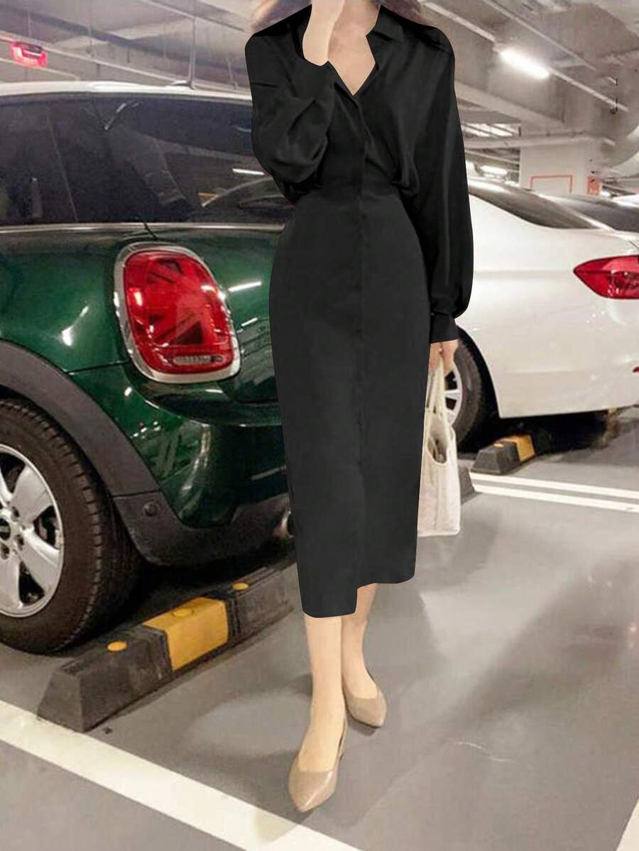 Dames overhemdjurk in Franse elegante stijl met taillestrik, losse top en slanke pasvorm, middellange revers, overhemdjurk, zeer geschikt voor dagelijks reizen, buiten, thuis, brunch, theekransje, woon-werkverkeer, luchthavenkleding, lente/zomer en lente/