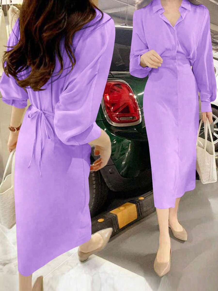 Dames overhemdjurk in Franse elegante stijl met taillestrik, losse top en slanke pasvorm, middellange revers, overhemdjurk, zeer geschikt voor dagelijks reizen, buiten, thuis, brunch, theekransje, woon-werkverkeer, luchthavenkleding, lente/zomer en lente/