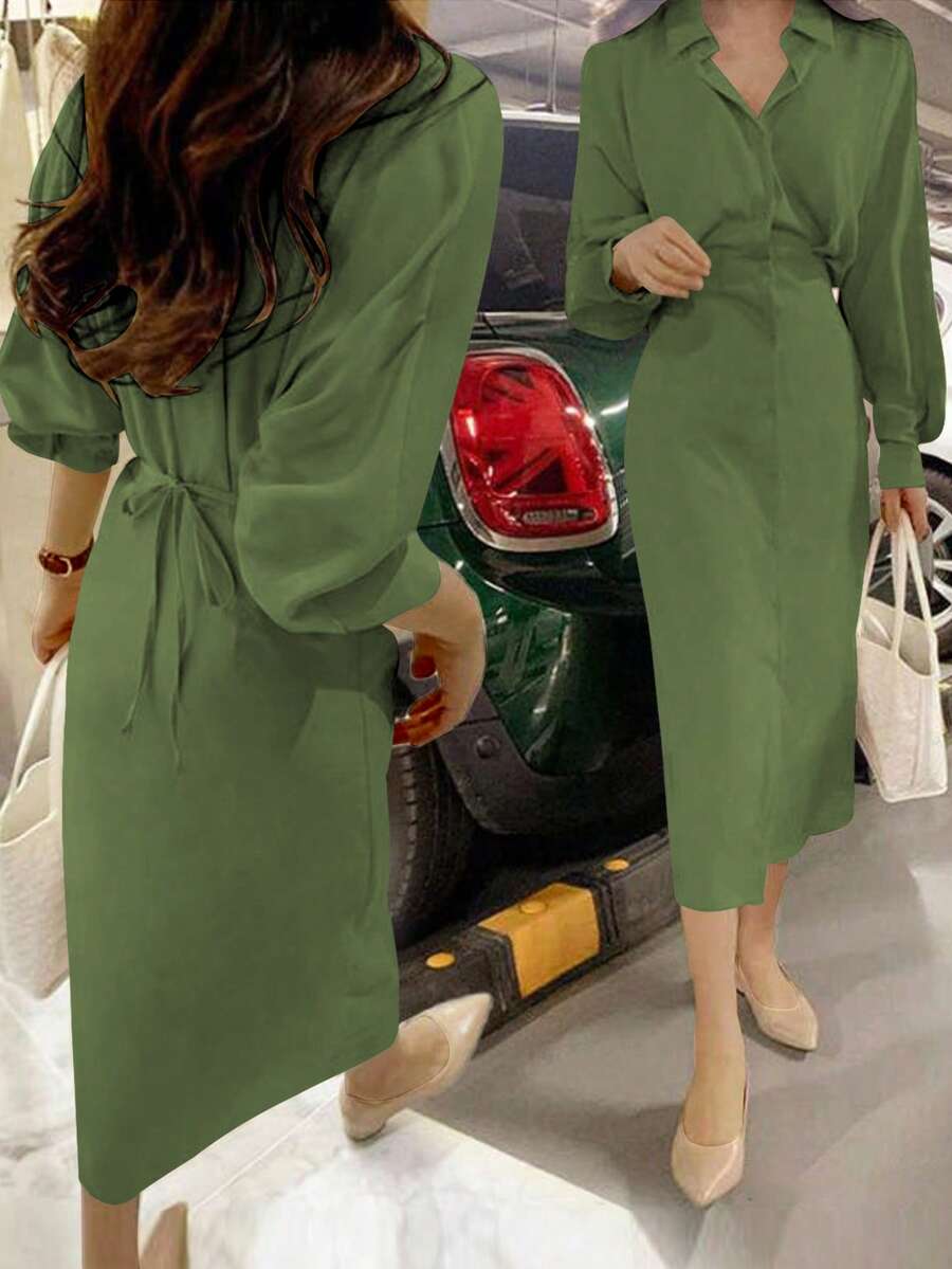 Dames overhemdjurk in Franse elegante stijl met taillestrik, losse top en slanke pasvorm, middellange revers, overhemdjurk, zeer geschikt voor dagelijks reizen, buiten, thuis, brunch, theekransje, woon-werkverkeer, luchthavenkleding, lente/zomer en lente/