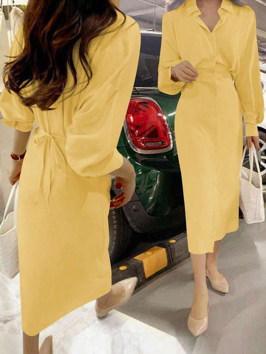 Dames overhemdjurk in Franse elegante stijl met taillestrik, losse top en slanke pasvorm, middellange revers, overhemdjurk, zeer geschikt voor dagelijks reizen, buiten, thuis, brunch, theekransje, woon-werkverkeer, luchthavenkleding, lente/zomer en lente/