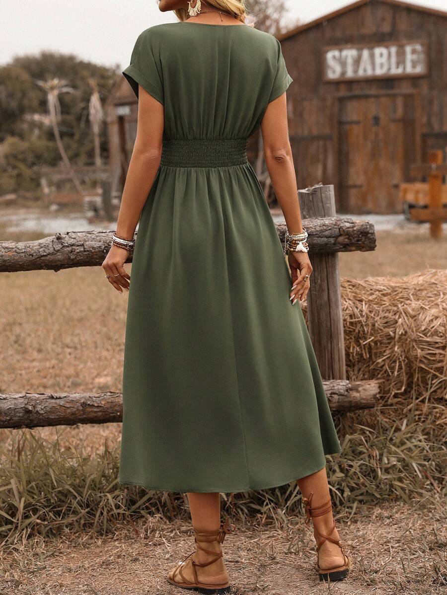 EMERY ROSE Dames lente/zomer bohemian vakantie stijl casual crossover gesmokte taille geplooide twist back ruche mouw a-lijn midi-jurk