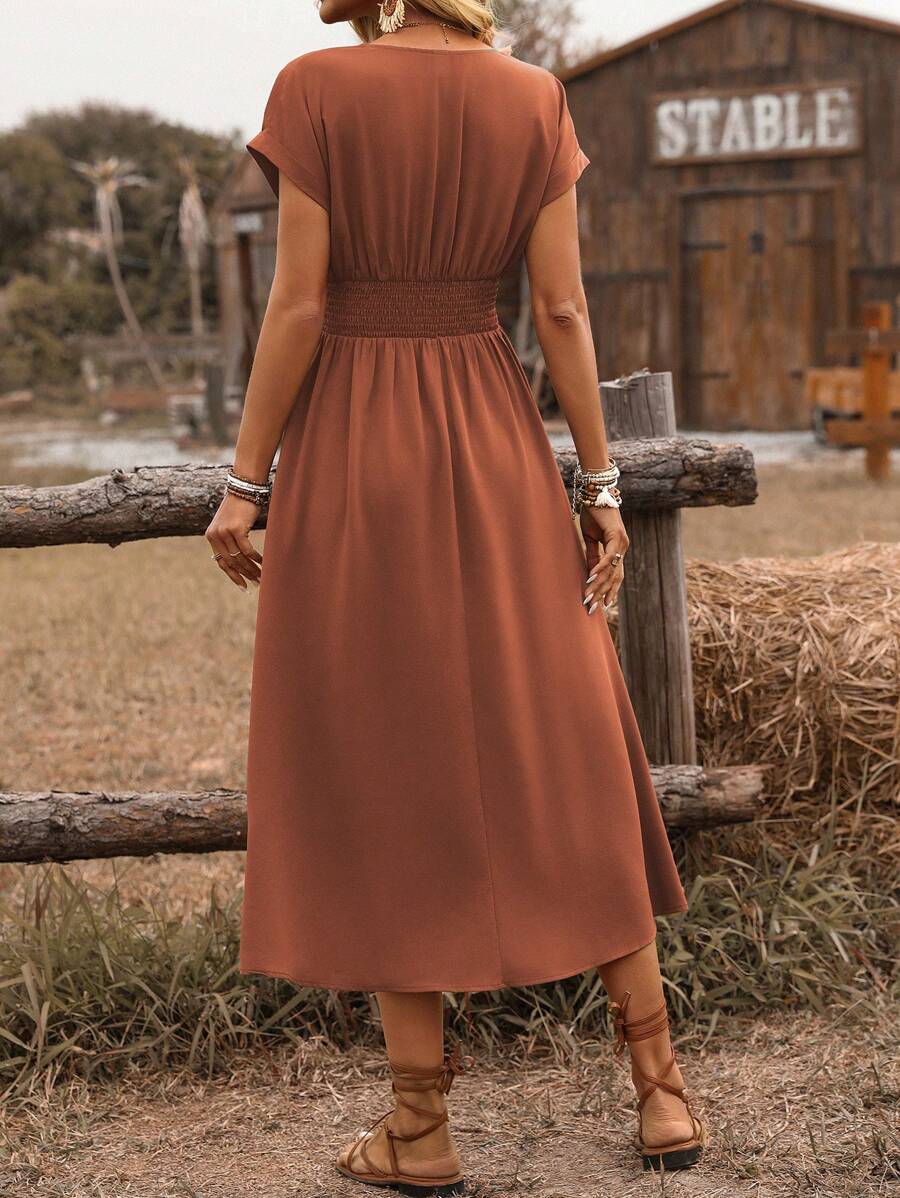 EMERY ROSE Dames lente/zomer bohemian vakantie stijl casual crossover gesmokte taille geplooide twist back ruche mouw a-lijn midi-jurk