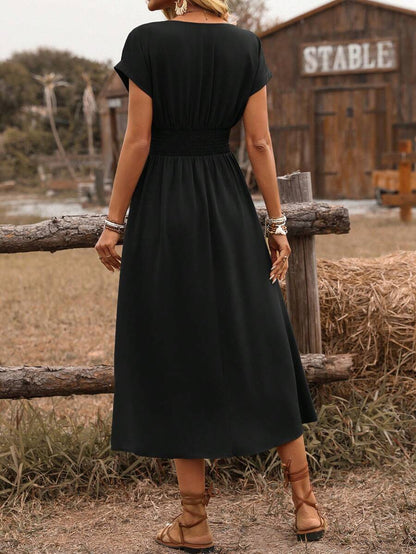 EMERY ROSE Dames lente/zomer bohemian vakantie stijl casual crossover gesmokte taille geplooide twist back ruche mouw a-lijn midi-jurk