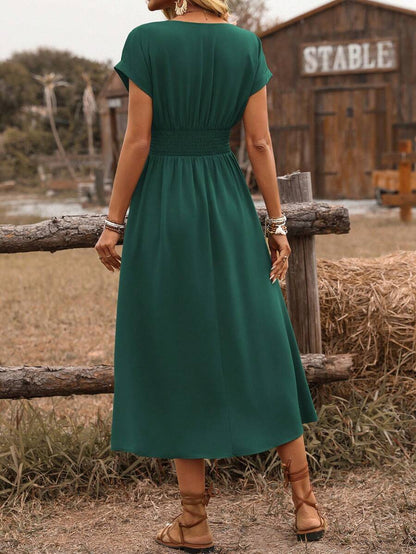 EMERY ROSE Dames lente/zomer bohemian vakantie stijl casual crossover gesmokte taille geplooide twist back ruche mouw a-lijn midi-jurk