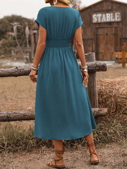 EMERY ROSE Dames lente/zomer bohemian vakantie stijl casual crossover gesmokte taille geplooide twist back ruche mouw a-lijn midi-jurk