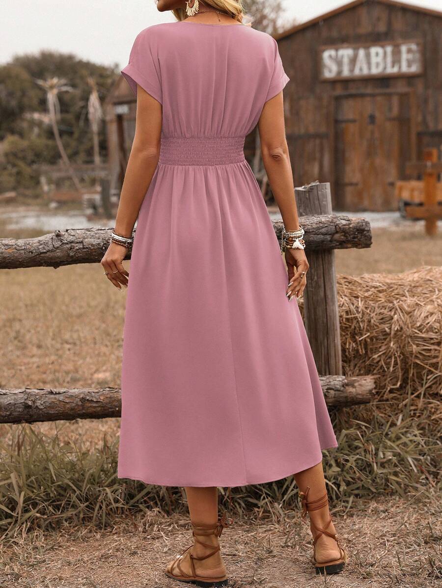 EMERY ROSE Dames lente/zomer bohemian vakantie stijl casual crossover gesmokte taille geplooide twist back ruche mouw a-lijn midi-jurk