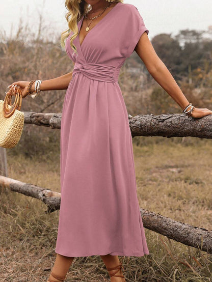 EMERY ROSE Dames lente/zomer bohemian vakantie stijl casual crossover gesmokte taille geplooide twist back ruche mouw a-lijn midi-jurk