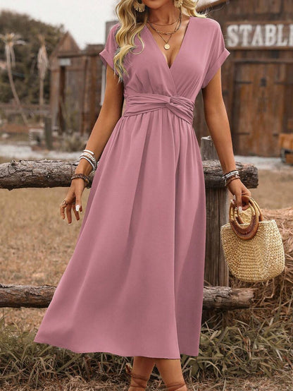 EMERY ROSE Dames lente/zomer bohemian vakantie stijl casual crossover gesmokte taille geplooide twist back ruche mouw a-lijn midi-jurk