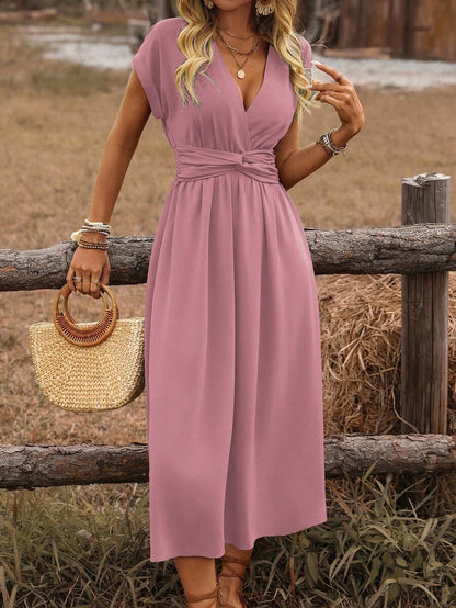 EMERY ROSE Dames lente/zomer bohemian vakantie stijl casual crossover gesmokte taille geplooide twist back ruche mouw a-lijn midi-jurk