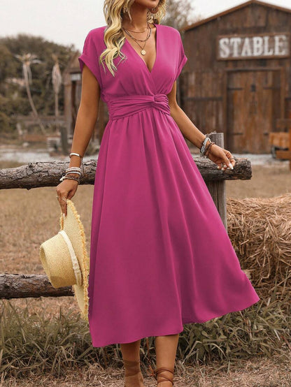 EMERY ROSE Dames lente/zomer bohemian vakantie stijl casual crossover gesmokte taille geplooide twist back ruche mouw a-lijn midi-jurk