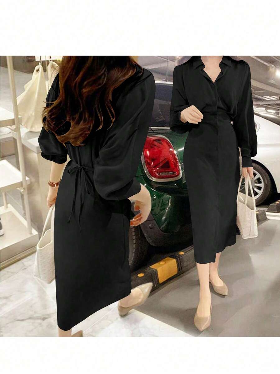 Dames overhemdjurk in Franse elegante stijl met taillestrik, losse top en slanke pasvorm, middellange revers, overhemdjurk, zeer geschikt voor dagelijks reizen, buiten, thuis, brunch, theekransje, woon-werkverkeer, luchthavenkleding, lente/zomer en lente/