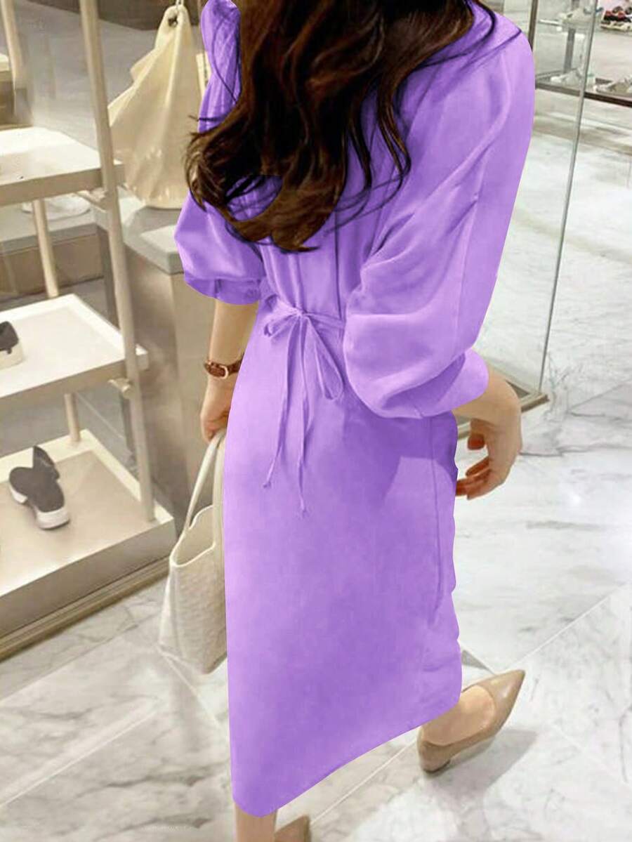 Dames overhemdjurk in Franse elegante stijl met taillestrik, losse top en slanke pasvorm, middellange revers, overhemdjurk, zeer geschikt voor dagelijks reizen, buiten, thuis, brunch, theekransje, woon-werkverkeer, luchthavenkleding, lente/zomer en lente/