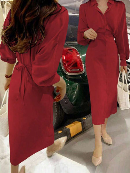 Dames overhemdjurk in Franse elegante stijl met taillestrik, losse top en slanke pasvorm, middellange revers, overhemdjurk, zeer geschikt voor dagelijks reizen, buiten, thuis, brunch, theekransje, woon-werkverkeer, luchthavenkleding, lente/zomer en lente/